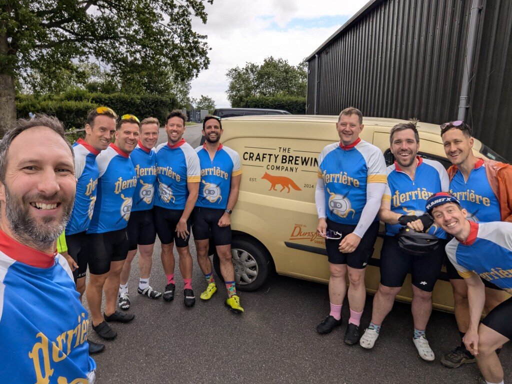 Dave Langdon on the Brewery Cycle Tour 2026 with the group in derrière jerseys — Ipswich greeting card sales agent East Anglia