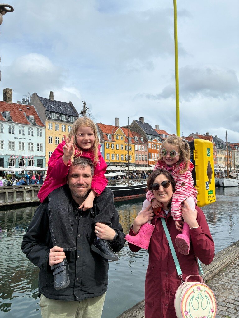 Dave Langdon visiting friends in Copenhagen at Nyhavn with family — Ipswich based greeting card sales agent East Anglia